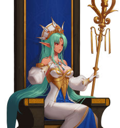 Rule 34 | 00s, 1girl, bare shoulders, bracelet, breasts, cleavage, corset, dark elf, detached sleeves, dress, dungeon and fighter, elf, forehead jewel, gloves, gold, hand on own chest, hat, highres, jewelry, large breasts, lips, long hair, mulin, necklace, pointy ears, queen, queen maya, red eyes, sitting, solo, staff, throne, tiara, very long hair, white gloves