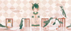 Rule 34 | 1girl, ahoge, bird, chair, checkered background, commentary request, fish, hair ornament, hairclip, highres, looking at viewer, lying, mitsuki mouse, necktie, original, pale color, penguin, pink eyes, plate, reflection, school uniform, serafuku, short sleeves, sitting, skirt, solo focus, standing, table, yellow necktie