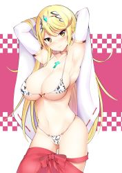 Rule 34 | 1girl, animal print, arms behind head, bikini, blonde hair, blush, breasts, chinese zodiac, cleavage, closed mouth, cow print, daive, detached sleeves, female focus, highres, large breasts, long hair, looking at viewer, matching hair/eyes, micro bikini, mythra (xenoblade), navel, o-ring, o-ring bikini, o-ring bottom, o-ring top, skindentation, solo, swept bangs, swimsuit, underboob, wide sleeves, xenoblade chronicles (series), xenoblade chronicles 2, year of the ox, yellow eyes
