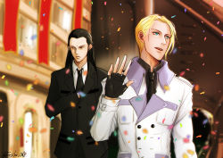 Rule 34 | 2boys, bindi, black gloves, black hair, black shirt, black suit, blonde hair, blue eyes, building, closed mouth, collar, confetti, earrings, final fantasy, final fantasy vii, final fantasy vii remake, fingerless gloves, formal, fujiko one, gloves, hand up, jewelry, junon, long hair, looking to the side, male focus, multiple boys, outdoors, parted lips, red eyes, rufus shinra, shirt, short hair, square enix, suit, tseng, turks (ff7), twitter username, waving, white shirt, white suit, wing collar