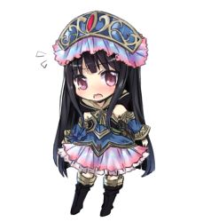 Rule 34 | 1girl, atelier (series), atelier meruru, atelier totori, bad id, bad pixiv id, black hair, blush, boots, chibi, cosplay, detached sleeves, dress, female focus, full body, hat, long hair, maromi (am97), mimi houllier von schwarzlang, open mouth, purple eyes, simple background, solo, standing, totooria helmold, totooria helmold (cosplay), very long hair, wavy mouth, white background