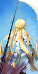 Rule 34 | 1girl, absurdly long hair, alternate hairstyle, armor, armored dress, ass, back, bare shoulders, blue skirt, cowboy shot, fate (series), from behind, fur trim, highres, jeanne d&#039;arc (fate), jeanne d&#039;arc (ruler) (fate), jeanne d&#039;arc (third ascension) (fate), long hair, niga, skirt, solo, standard bearer, thighhighs, thighs, very long hair