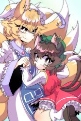 Rule 34 | 2girls, absurdres, animal ears, blonde hair, bright pupils, brown eyes, brown hair, cat ears, chen, closed mouth, earrings, fang, fang out, fox tail, highres, holding hands, jewelry, long sleeves, looking at viewer, looking back, multiple girls, multiple tails, nekomata, petite, short hair, simple background, single earring, smile, tabard, tail, tail raised, the land druid, touhou, two tails, white background, white pupils, wide sleeves, yakumo ran, yellow eyes, yuri