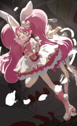 Rule 34 | 1girl, absurdres, boots, bow, cake hair ornament, clenched hand, cure whip, earrings, food-themed hair ornament, gloves, hair ornament, highres, jewelry, kirakira precure a la mode, long hair, magical girl, one eye closed, pink bow, pink eyes, pink footwear, pink hair, pom pom (clothes), pom pom earrings, pouch, precure, solo, standing, standing on one leg, swept bangs, takahashi hizumi, usami ichika, white gloves