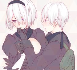 Rule 34 | 1boy, 1girl, aki663, black gloves, blindfold, blue eyes, blush, breasts, embarrassed, gloves, grabbing another&#039;s chin, hairband, hand on another&#039;s chin, hetero, highres, looking away, medium breasts, nier (series), nier:automata, parted lips, short hair, sweatdrop, white hair, 2b (nier:automata), 9s (nier:automata)