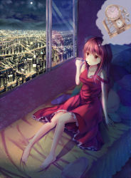 Rule 34 | 1girl, bare arms, barefoot, breasts, brown eyes, brown hair, chu qing, cityscape, clock, collarbone, dress, highres, imagining, indoors, knee up, light particles, long hair, looking away, looking outside, matching hair/eyes, medium breasts, moon, night, okazaki yumemi, on bed, open window, pencil, reclining, red dress, red eyes, red hair, roman numeral, shadow, sitting, sky, solo, star (sky), starry sky, strap slip, touhou, touhou (pc-98), window, yin yang