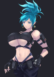 Rule 34 | 1girl, arm pouch, bare shoulders, black background, black gloves, blue eyes, blue hair, breasts, closed mouth, earrings, ema (emaura), female focus, fingerless gloves, gloves, jewelry, large breasts, leona heidern, looking at viewer, matching hair/eyes, navel, pants, simple background, snk, solo, the king of fighters, triangle earrings