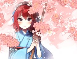 Rule 34 | 10s, 1girl, :d, blush, cherry blossoms, frills, hairband, holding, holding sword, holding weapon, idolmaster, idolmaster cinderella girls, japanese clothes, kimono, long sleeves, looking at viewer, love live!, love live! school idol project, murakami tomoe, nishikino maki, open mouth, petals, purple eyes, red hair, sash, short hair, smile, solo, sword, tareme, upper body, weapon, wide sleeves, wooden sword, yuyupo