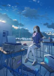 Rule 34 | 1girl, absurdres, antennae, anyotete, blazer, blue skirt, blue sky, box, brown hair, cable, cardboard box, chair, cloud, controller, earphones, highres, holding, holding remote control, jacket, long hair, nijisanji, on roof, outdoors, pleated skirt, purple eyes, remote control, school uniform, sitting, skirt, sky, thighhighs, tsukino mito, tsukino mito (1st costume), virtual youtuber, white thighhighs