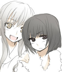 Rule 34 | 2girls, black hair, blush, borrowed character, brown eyes, character request, closed mouth, coat, fur trim, grey hair, hand on another&#039;s shoulder, heads together, leaning forward, looking at viewer, multiple girls, open mouth, original, poaro, short hair, sidelocks, simple background, sketch, smile, sweatdrop, upper body, v-neck, white background