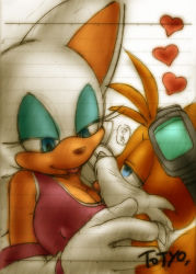 Rule 34 | 1boy, 1girl, :p, aku tojyo, breasts, cleavage, covered erect nipples, furry, heart, tails (sonic), rouge the bat, sega, sonic (series), tagme, tongue, tongue out