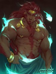 Rule 34 | 1boy, abs, bara, bracelet, chain, chest hair, commentary, dark-skinned male, dark skin, earrings, facial hair, forehead jewel, ganondorf, gradient background, highres, horns, jewelry, large pectorals, loincloth, long hair, looking at viewer, magic, male focus, muscular, navel, necklace, nintendo, nipples, pectorals, red eyes, red hair, smile, snartles, solo, tattoo, the legend of zelda, topless male, watermark