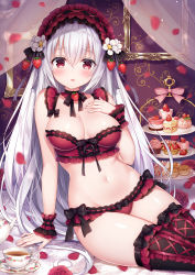 Rule 34 | 1girl, arm support, black thighhighs, blush, bow, bow bra, bow panties, bra, breasts, cake, cleavage, cup, cupcake, curtains, flower, food, fruit, fruit tart, hair between eyes, hand on own chest, hand up, long hair, looking at viewer, medium breasts, mitsuba choco, mousse (food), navel, original, panties, parted lips, petals, picture frame, pink bow, red bow, red bra, red eyes, red panties, ribbon-trimmed bra, ribbon-trimmed panties, saucer, silver hair, smile, solo, spoon, stomach, strawberry, strawberry shortcake, strawberry tart, tart (food), tea, teacup, teapot, thighhighs, tiered tray, transparent, underwear, underwear only, very long hair, white flower, wrist cuffs