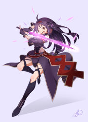 Rule 34 | 1girl, ;d, ahoge, armor, bare shoulders, breastplate, detached sleeves, fingerless gloves, full body, gloves, glowing, glowing sword, glowing weapon, hairband, holding, holding sword, holding weapon, leg up, leotard, leotard under clothes, long hair, looking at viewer, one eye closed, open mouth, pointy ears, purple armor, purple gloves, purple hair, red eyes, red hairband, signature, simple background, smile, solo, sword, sword art online, tewo, thighs, weapon, yuuki (sao)