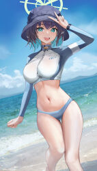 Rule 34 | 1girl, absurdres, arm up, beach, bikini, bikini bottom only, black hair, blue archive, blue bikini, blush, breasts, bucket hat, cloud, cowboy shot, cropped jacket, day, fuenyuan, green eyes, green halo, hair between eyes, halo, hand up, hat, highres, horizon, jacket, large breasts, long sleeves, looking at viewer, multicolored clothes, multicolored jacket, navel, ocean, official alternate costume, open mouth, outdoors, raglan sleeves, rash guard, saki (blue archive), saki (swimsuit) (blue archive), short hair, sky, smile, solo, standing, stomach, swimsuit, thighs, two-tone jacket, v, water