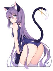 Rule 34 | 1girl, ahoge, animal ear fluff, animal ears, animal hands, ass, back, bare arms, bare shoulders, blue eyes, blue one-piece swimsuit, blush, breasts, byulzzi, cat ears, cat girl, cat tail, closed mouth, clothing cutout, cowboy shot, from behind, gloves, hair between eyes, leaning forward, long hair, looking at viewer, looking back, medium breasts, one-piece swimsuit, original, paw gloves, purple hair, school swimsuit, scissors, signature, simple background, small breasts, solo, star (symbol), swimsuit, tail, tail raised, tail through clothes, thighhighs, thighs, torn clothes, torn swimsuit, very long hair, white background, white thighhighs