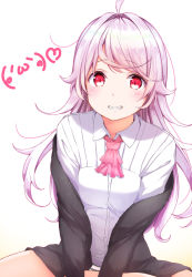 Rule 34 | 1girl, ahoge, black jacket, blush, collared shirt, commentary request, dress shirt, grin, hair intakes, heart, highres, jacket, long hair, long sleeves, looking at viewer, na53, off shoulder, open clothes, open jacket, original, panties, pink neckwear, purple hair, red eyes, shirt, sitting, smile, solo, striped clothes, striped panties, underwear, very long hair, white background, white shirt