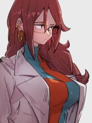 Rule 34 | 1girl, android 21, black-framed eyewear, blue eyes, breasts, checkered clothes, checkered dress, closed mouth, dragon ball, dragon ball fighterz, dress, earrings, glasses, grey background, hoop earrings, jewelry, kemachiku, lab coat, large breasts, long hair, looking away, looking to the side, red hair, simple background, solo, upper body