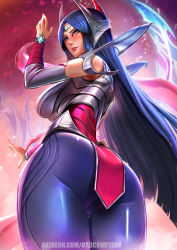 Rule 34 | 1girl, ass, badcompzero, blue eyes, blue hair, bodysuit, breasts, circlet, highres, hip focus, huge ass, irelia, league of legends, looking at viewer, looking back, looking down, parted lips, skin tight, smile, solo, thick thighs, thighs, watermark, web address, wide hips