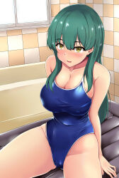 Rule 34 | 1girl, absurdres, arm support, arms behind back, bathroom, bathtub, blue one-piece swimsuit, blush, breasts, cameltoe, cleavage, collarbone, commentary request, competition school swimsuit, covered navel, cowboy shot, gluteal fold, green eyes, groin, hair between eyes, highleg, highleg swimsuit, highres, indoors, invisible chair, large breasts, long hair, looking at viewer, narrow waist, on floor, one-piece swimsuit, original, parted lips, school swimsuit, shiny clothes, sideboob, sidelocks, sitting, skindentation, smile, solo, spread legs, straight hair, swimsuit, taut clothes, taut swimsuit, terakoya, thick thighs, thighs, tile wall, tiles, wide hips, window, yellow eyes