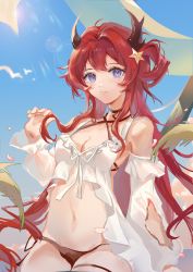 Rule 34 | 1girl, absurdres, arknights, bare shoulders, bikini, bikini under clothes, black bikini, blue eyes, blue sky, breasts, cleavage, closed mouth, cowboy shot, day, detached sleeves, hair ornament, hair rings, highres, holding, holding own hair, horns, lens flare, light rays, long hair, long sleeves, looking at viewer, navel, official alternate costume, outdoors, red hair, see-through, sky, small breasts, smile, solo, star (symbol), star hair ornament, stomach, sunbeam, sunlight, surtr (arknights), surtr (colorful wonderland) (arknights), swimsuit, swimsuit under clothes, very long hair, yangtuixiahua
