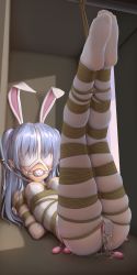 Rule 34 | 1girl, animal ears, arms behind back, ball gag, bdsm, blindfold, blue hair, blush, bondage, bound, bound ankles, bound arms, bound legs, bound thighs, breast bondage, breasts, collar, commentary request, crying, drooling, elbow gloves, fake animal ears, feet, gag, gloves, highres, himitsu (hi mi tsu 2), lactation, leash, legs up, leotard, long hair, lying, medium breasts, neglect play, nipple slip, nipples, no shoes, object insertion, on back, original, pantyhose, playboy bunny, pointy ears, pussy juice, pussy juice drip through clothes, rabbit ears, restrained, rope, sex toy, sidelocks, skindentation, soles, solo, strapless, strapless leotard, tagme, tears, two side up, vaginal, vaginal object insertion, vibrator, vibrator under pantyhose, white blindfold, white leotard, white pantyhose, wiffle gag