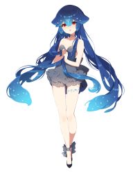 Rule 34 | 1girl, bao (vtuber), bao (vtuber) (1st costume), bare arms, bare shoulders, black footwear, blue hair, blush, commentary, copyright name, dress, full body, gradient hair, grey dress, hair between eyes, highres, holding, holding hair, long hair, looking at viewer, mamyouda, multicolored hair, parted lips, red eyes, shoes, simple background, solo, standing, strapless, strapless dress, very long hair, virtual youtuber, white background