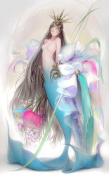 Rule 34 | 1girl, armor, arms at sides, artist name, bell, black hair, blue flower, bow, breasts, chain, completely nude, dadachyo, closed eyes, facing viewer, faulds, flower, forehead jewel, full body, headgear, highres, jingle bell, kneeless mermaid, long hair, mermaid, monster girl, navel, no nipples, nude, original, pink flower, solo, straight hair, symbol-only commentary, tail stand, tassel, very long hair, white bow