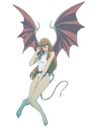 Rule 34 | 1girl, adjusting eyewear, barefoot, belt, catherine (game), company connection, cosplay, demon tail, demon wings, glasses, hanpetos, highleg, highleg leotard, katherine mcbride, knees together feet apart, leotard, lilim (megami tensei), lilim (megami tensei) (cosplay), long hair, parted lips, pointy ears, shin megami tensei, simple background, solo, tail, white background, white leotard, wings