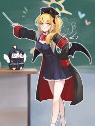 Rule 34 | 1girl, aged up, armband, black coat, black dress, black horns, black tail, black wings, blonde hair, blue archive, blush, bow, bowtie, breasts, chalkboard, classroom, closed mouth, coat, demon horns, demon tail, demon wings, desk, dress, feet out of frame, hair between eyes, hair ribbon, halo, hat, highres, holding, holding pointer, horns, ibuki (blue archive), long hair, looking at viewer, mortarboard, ninja, open clothes, open coat, peroro (blue archive), pointer, pointing, pointy ears, red armband, ribbon, ryh4, side ponytail, sleeves past fingers, sleeves past wrists, smile, socks, solo, tail, white socks, wings, yellow eyes, yellow halo