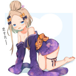 Rule 34 | 1girl, :d, abigail williams (fate), all fours, alternate costume, arm support, barefoot, black bow, blue background, blue eyes, blush, bow, brown hair, collarbone, commentary request, fate/grand order, fate (series), flower, hair bow, hair bun, hair flower, hair ornament, highres, japanese clothes, kimono, long hair, long sleeves, looking at viewer, obi, off shoulder, open mouth, orange bow, pink flower, polka dot, polka dot bow, purple kimono, sash, shadow, sidelocks, single hair bun, skindentation, sleeves past fingers, sleeves past wrists, smile, soles, solo, su guryu, translation request, two-tone background, white background, wide sleeves