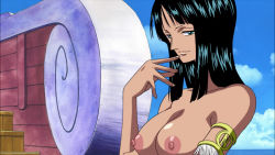 Rule 34 | 1girl, black hair, covered erect nipples, exhibitionism, highres, long hair, nico robin, nipples, nude filter, one piece, public indecency, third-party edit, topless, uncensored