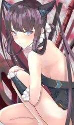 Rule 34 | 1girl, absurdres, backless dress, backless outfit, bare shoulders, black dress, blue eyes, blunt bangs, blush, breasts, china dress, chinese clothes, closed mouth, detached sleeves, dress, fate/grand order, fate (series), flute, hair ornament, highres, instrument, ka1se1, kneeling, long hair, looking at viewer, medium breasts, pipa (instrument), purple hair, sidelocks, smile, solo, thighs, twintails, very long hair, yang guifei (fate), yang guifei (second ascension) (fate)