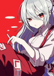 Rule 34 | 1girl, absurdres, blouse, buttons, cigar, collared shirt, commentary request, fujiwara no mokou, highres, looking at viewer, ofuda, open mouth, pants, red background, red eyes, red pants, shirt, simple background, smoke, solo, suspenders, touhou, white hair, white shirt, yonoisan