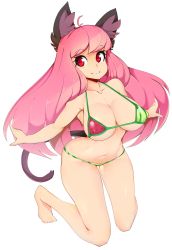 Rule 34 | 1girl, absurdres, ahoge, animal ear fluff, animal ears, bad id, bad tumblr id, bikini, blush, breasts, collarbone, food print, full body, highres, large breasts, long hair, micro bikini, navel, outstretched arms, pink hair, red eyes, simple background, slugbox, smile, solo, swimsuit, tail, watermelon print
