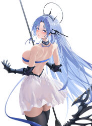 Rule 34 | 1girl, absurdres, alsace (azur lane), ano (madoka23), armored gloves, ass, azur lane, bare shoulders, black gloves, black thighhighs, blue eyes, blue hair, blush, breasts, elbow gloves, from behind, gloves, highres, large breasts, long hair, looking at viewer, looking back, open mouth, simple background, solo, thighhighs, thighs, underboob, white background