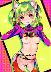 Rule 34 | 1girl, absurdres, animal ears, blush, bodysuit, breasts, cat ears, cleft of venus, cum, cum on body, dohna dohna issho ni warui koto o shiyou, extra ears, green hair, highres, kirakira (dohna dohna), kuka, looking at viewer, medium hair, midriff, multicolored bodysuit, multicolored clothes, multicolored hair, navel, nipples, orange eyes, partial bodysuit, pink hair, pussy, skindentation, small breasts, smile, solo, twintails, two-tone hair, uncensored, underboob
