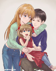 Rule 34 | 1boy, 2girls, alternate universe, artist name, black hair, blue eyes, blue pants, blush, brown hair, child, couple, denim, family, father and daughter, grabbing, grabbing from behind, hair ornament, hair ribbon, happy, highres, hug, if they mated, ikari shinji, kazumiminagawa, long hair, long sleeves, mother and daughter, multiple girls, neon genesis evangelion, aged up, open mouth, outdoors, pants, red-framed eyewear, ribbon, shirt, short hair, short sleeves, smile, souryuu asuka langley, sweater, twintails, very long hair