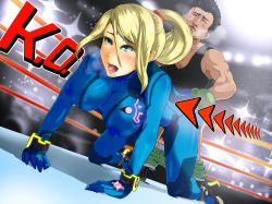 Rule 34 | 1boy, 1girl, all fours, black hair, blonde hair, blue eyes, blush, bodysuit, boris (noborhys), boxing gloves, breasts, clothed sex, doggystyle, covered erect nipples, gameplay mechanics, height difference, hetero, highres, large breasts, little mac, metroid, mole, nintendo, nipples, open mouth, ponytail, punch-out!!, samus aran, sex, sex from behind, shorts, skin tight, super smash bros., through clothes, vaginal, zero suit