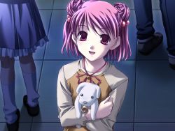 Rule 34 | 1girl, 5pb., :d, bell, blush, collar, crossed arms, dark, dog, double bun, ever 17, flat chest, frills, game cg, hair bobbles, hair bun, hair ornament, holding, jingle bell, kneehighs, neck bell, open mouth, pantyhose, pink eyes, pink hair, puppy, raglan sleeves, ribbon, shadow, shoes, short hair, skirt, smile, socks, solo, standing, takigawa yuu, wallpaper, yagami coco