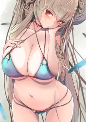 Rule 34 | 1girl, azur lane, bikini, blush, braid, breasts, choker, cleavage, closed mouth, covered erect nipples, falling feathers, feathers, formidable (azur lane), formidable (the lady of the beach) (azur lane), grey hair, hand on own cheek, hand on own chest, hand on own face, head tilt, highres, large breasts, leaning forward, long hair, looking at viewer, multi-strapped bikini bottom, multi-strapped bikini top, navel, p.i.t.d, red choker, red eyes, skindentation, solo, stomach, string bikini, swimsuit, very long hair