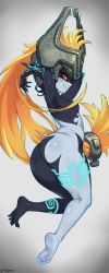 Rule 34 | 1girl, armpits, arms up, ass, bad id, bad twitter id, black skin, blue skin, breasts, colored sclera, colored skin, feet, from behind, grin, helmet, highres, huge ass, jtveemo, long hair, looking at viewer, looking back, midna, multicolored skin, neon trim, nintendo, nude, one eye covered, orange hair, pointy ears, sharp toenails, shiny skin, small breasts, smile, solo, spread toes, teeth, the legend of zelda, the legend of zelda: twilight princess, thick thighs, thighs, toenails, toes, two-tone skin, yellow sclera