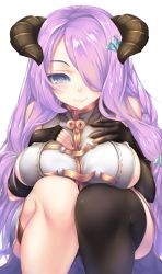 Rule 34 | 10s, 1girl, bare shoulders, black gloves, black thighhighs, blue eyes, blush, braid, breast rest, breast suppress, breasts, draph, elbow gloves, female focus, fi-san, fingerless gloves, gloves, granblue fantasy, hair over one eye, highres, horns, large breasts, light purple hair, long hair, looking at viewer, narmaya (granblue fantasy), sideboob, single thighhigh, smile, solo, squatting, thighhighs, transparent background, very long hair, white background