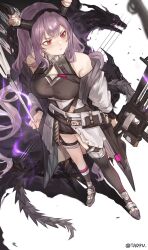 Rule 34 | 1girl, arknights, arrow (projectile), artist name, asymmetrical legwear, bare shoulders, black hairband, black shirt, black socks, bow (weapon), closed mouth, coat, commentary, compound bow, full body, hairband, highres, holding, holding arrow, holding bow (weapon), holding weapon, horns, long hair, off shoulder, purple hair, red eyes, shirt, single thighhigh, sleeveless, sleeveless shirt, socks, solo, symbol-only commentary, thighhighs, typhon (arknights), weapon, white coat, yipingtaopuzi