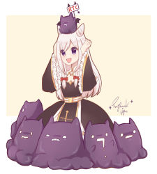 Rule 34 | 1girl, arch bishop (ragnarok online), black dress, bow, braid, brown background, cone hair bun, dress, hair bow, hair bun, high priest (ragnarok online), holding, holding sign, light (luxiao deng), long hair, long sleeves, looking at viewer, on head, purple eyes, ragnarok online, red bow, sidelocks, sign, sparkle, twin braids, two-tone background, very long hair, white background, white hair, wide sleeves