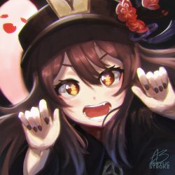 Rule 34 | 1girl, absurdres, acrylicstroke, black headwear, black nails, brown hair, fang, flower-shaped pupils, genshin impact, ghost, hands up, highres, hu tao (genshin impact), huge filesize, nail polish, open mouth, portrait, red eyes, solo, symbol-shaped pupils, teeth