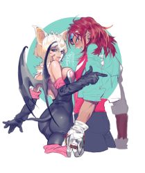 Rule 34 | 1boy, 1girl, animal ears, ass, backless outfit, bat ears, bat wings, breasts, cleavage, elbow gloves, gloves, highres, knuckles the echidna, looking back, personification, pigeon666, red hair, rouge the bat, simple background, sonic (series), tail, white hair, wings