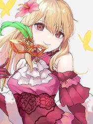Rule 34 | 1girl, bare shoulders, bug, butterfly, closed mouth, dress, eyelashes, fire emblem, fire emblem: genealogy of the holy war, fire emblem heroes, flower, hair between eyes, hair flower, hair ornament, highres, holding, holding mask, insect, lachesis (fire emblem), lachesis (masquerade) (fire emblem), long hair, looking at viewer, mask, nintendo, official alternate costume, pink dress, red eyes, sakura no yoru, smile, solo, upper body
