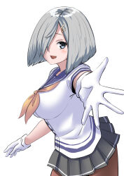 1girl 30-06 black_pantyhose blue_eyes blue_sailor_collar bob_cut dress gloves grey_hair grey_skirt hair_ornament hair_over_one_eye hairclip hamakaze_(kancolle) highres kantai_collection neckerchief pantyhose pleated_dress reaching reaching_towards_viewer sailor_collar school_uniform serafuku shirt short_hair short_sleeves simple_background skirt solo white_background white_gloves white_shirt yellow_neckerchief