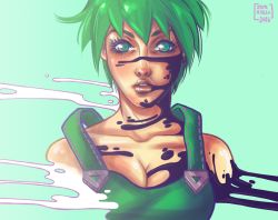 Rule 34 | 10s, 1girl, 2016, breasts, cleavage, collarbone, eyebrows, eyelashes, foo fighters (jojo), green eyes, green hair, jojo no kimyou na bouken, jostell, large breasts, lips, matching hair/eyes, overalls, short hair, signature, solo, upper body